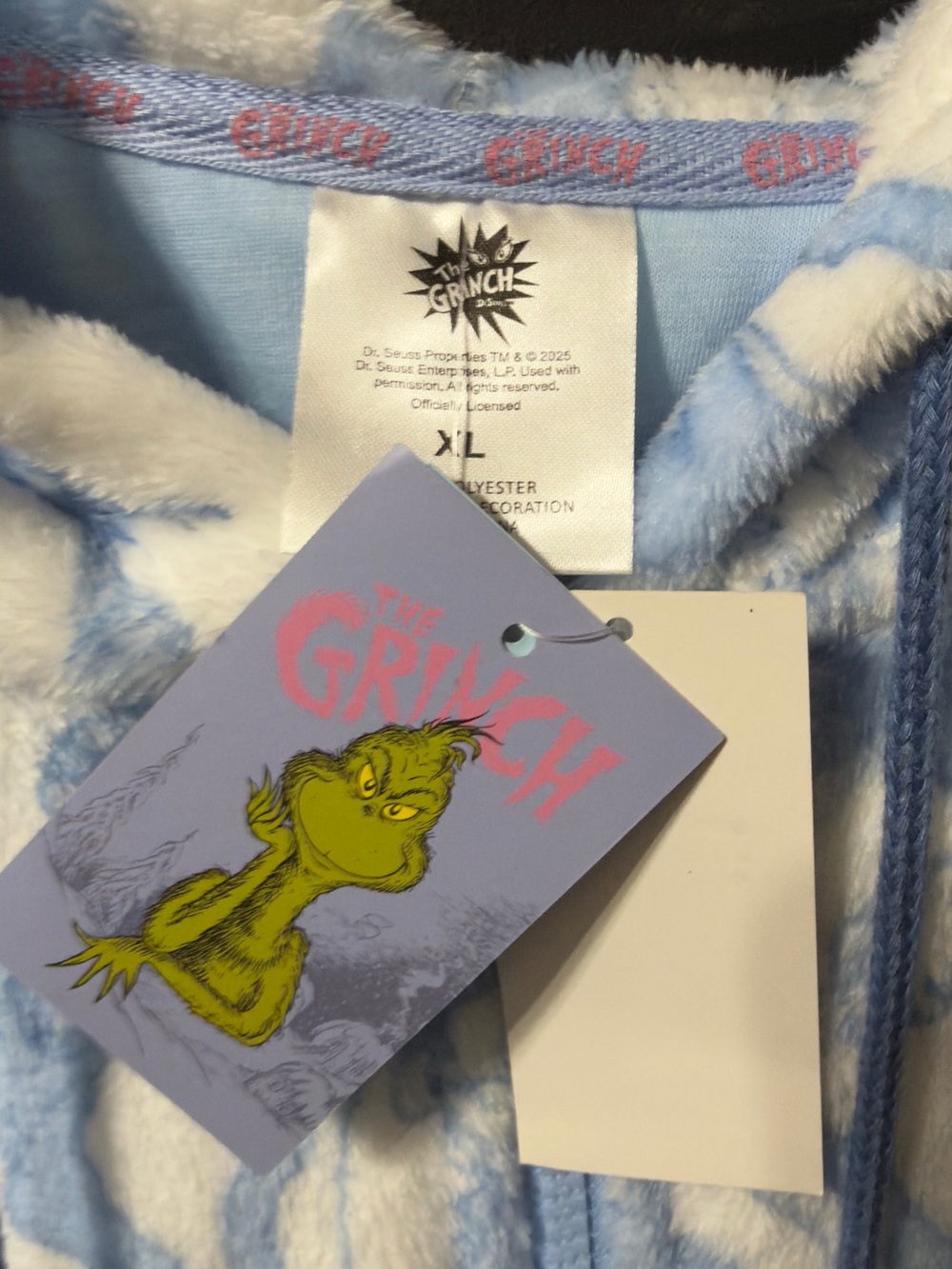 The Grinch Plush Blue & White Zip-Up Hoodie with Pom Drawstrings - Picture 4 of 6